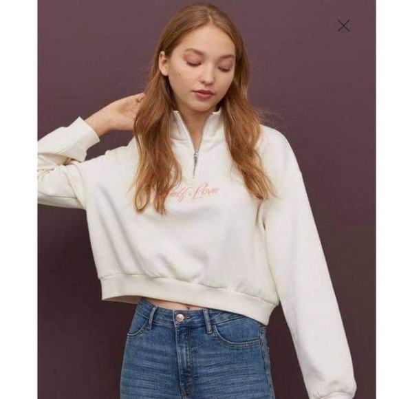 Hu0026M | Tops | Hm Self Love Embroidered Quarter Zip Cropped White Fleece  Sweatshirt Top | Poshmark